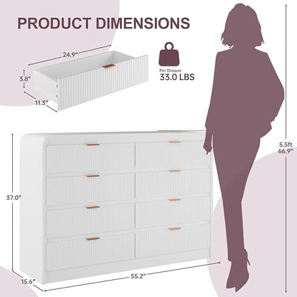 FURSUN Fluted 8 Drawers Dresser for Bedroom, 55" Wide Wooden Dresser with Metal Handle, Curved Profile Design, Modern Storage Organizer for Bedroom, Living Room, Hallway, White