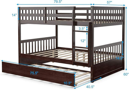 KOMFOTT Wood Full Over Full Bunk Bed with Trundle, Full Bed Frame with Ladder, Solid Wood Frame & Safety Guardrails, Space-Saving Bunk Bed for Teens & Adults, No Box Spring Needed