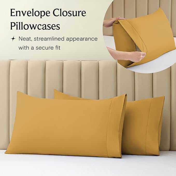LuxClub 4 PC King Sheet Set, Deep Pockets Wrinkle Free Cooling Bed Sheets Hotel Bedding for Women, Men, Includes 1 Fitted Sheet, 1 Flat Sheet and 2 Pillowcases-Silky Soft Medallion Gold