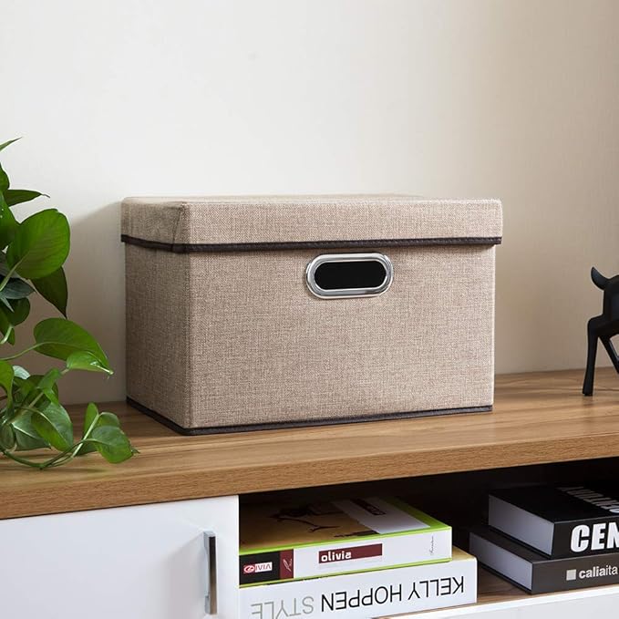 PRANDOM Collapsible Storage Containers with Lids [5-Pack] Jute Fabric Foldable Storage Bins Boxes Organizer Baskets Cube with Cover for Home Bedroom Closet Office Nursery (14.9x9.8x9.8)