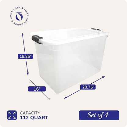 HOMZ 4-Pack Secure Latch, Clear Plastic Storage Organizer Bins, 112 Quart, Gray Latches - Stackable Container Boxes for Bedroom, Bathroom, Garage, and Office Organization