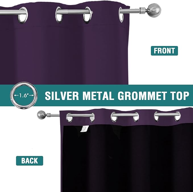ChrisDowa 100% Blackout Curtains for Bedroom with Black Liner, 2 Thick Layers Total Blackout Thermal Insulated Grommet Window Curtains 2 Panels Set (Royal Purple, 52 x 63 Inch)