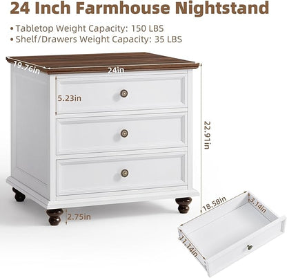 24" Wide Farmhouse Night Stand,Large End Table with 3 Drawers & Metal Handle,White Wood Dresser for Bedroom Cabinet, Bed Side Tabl·e Chest of Drawers,Nightstand for Living Room