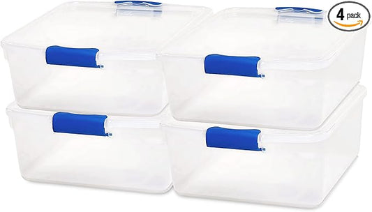 HOMZ 4-Pack 15.5 Quart Latching Lid, Clear Plastic Storage Organizer Bins, Blue – Stackable Containers for Home & Office Shelves, Kitchen, Garage, and Bathroom Organization