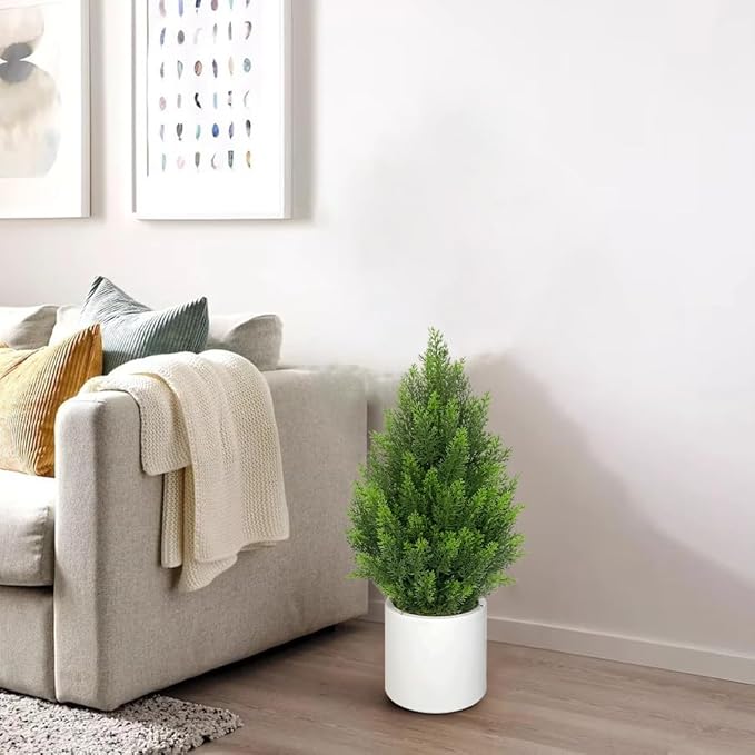 Briful 27” Artificial Cedar Topiary Tree in White Planter – Realistic Faux Evergreen Floor Plant with Layered Leaves, Decorative Indoor Outdoor Potted Shrub for Home, Office, Patio, Porch