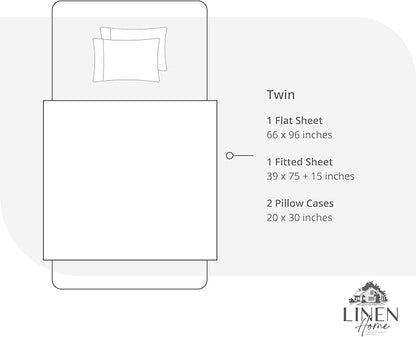 Linen Home 100% Cotton Percale Sheet Set, Twin Size, White, Deep Pocket, 4 Pieces Set - 1 Flat, 1 Deep Pocket Fitted Sheet and 2 Pillowcases, Crisp Cool and Strong Bed Linen