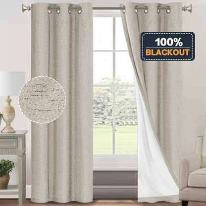 PrinceDeco 100% Blackout Curtains for Bedroom 84 Inches Long Linen Blackout Thermal Drapes Privacy Protection Room Darkening Window Curtain with White Liner, 2 Panels Set, W42 X L84,Stone