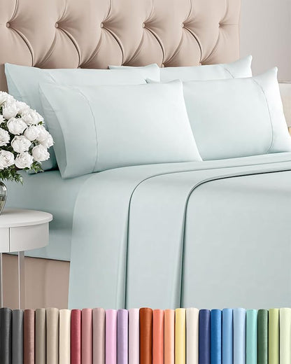 Full 6 Piece Sheet Set - Cooling, Comfy & Breathable - Hotel Luxury Bedding, Includes Fitted Sheet for Women, Men, Kids and Teens - 1 Flat, 1 Fitted Sheet, 4 Pillowcases with Deep Pockets - Ice Blue
