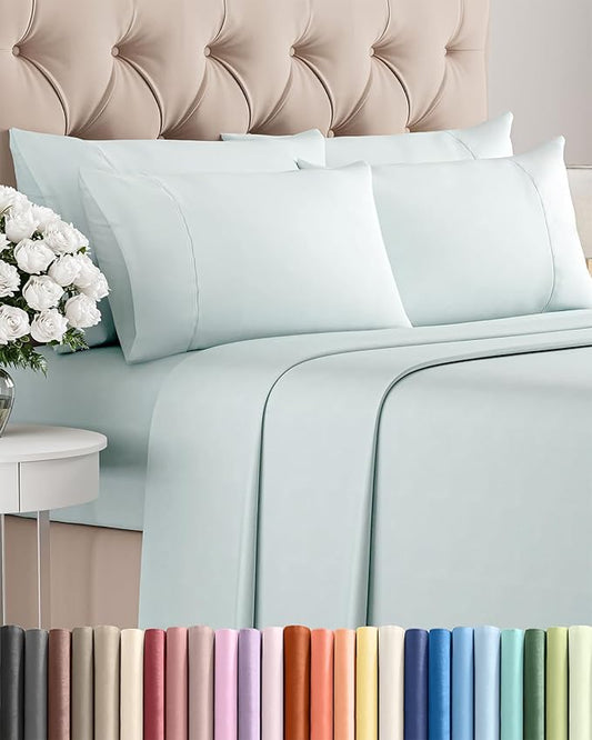 Queen 6 Piece Sheet Set - Cooling, Comfy & Breathable - Hotel Luxury Bedding, Includes Fitted Sheet for Women, Men, Kids & Teens - 1 Flat, 1 Fitted Sheet, 4 Pillowcases with Deep Pockets - Ice Blue