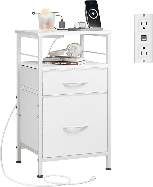 WLIVE Night Stand with Charger Station, White Nightstand with 2 Fabric Drawers, Bedside Table, Small Dresser for Bedroom, Side Table with USB Ports and Outlets