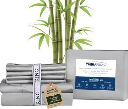 Therapedic 1000TC King 6-Piece Sheet Set - 100% Organic Rayon Derived from Bamboo Blend with Cooling Fiber, Ideal for Hot Sleepers - 16" Deep Pocket Fitted Sheet, Bonus Pillowcases - Dark Grey