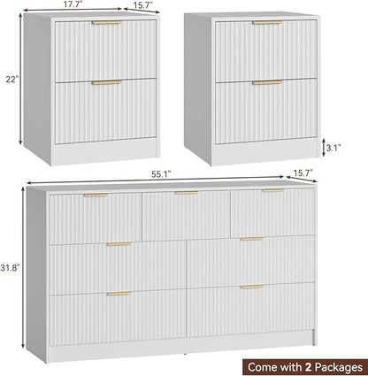 7 Drawer Dresser & Nightstand Set 3-Piece, 55” Wide Bedroom Dresser Set Night Stand Set of 2 with Metal Handle, Fluted Modern Wood Chest of Drawers Storage Dressers Set for Bedroom, White