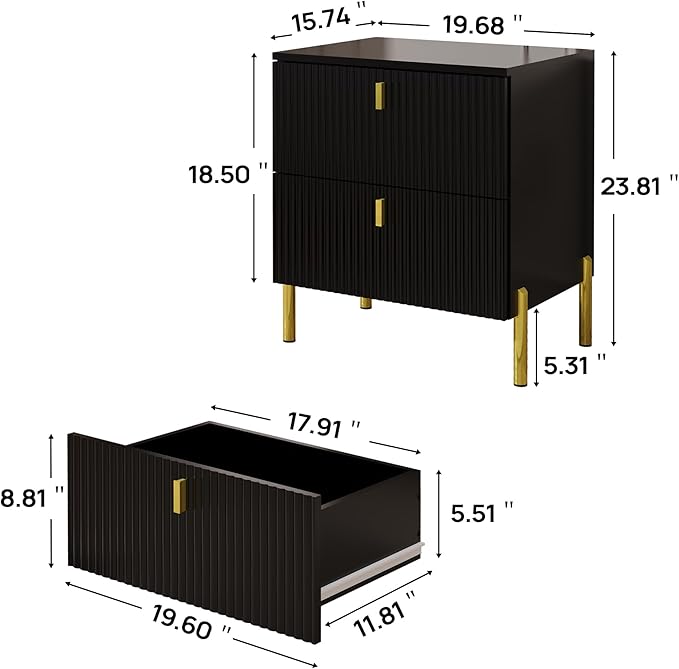 Luxury Fluted Night Stand Set of 2, Nightstand with 2 Drawers, Modern Bedside Table with Golden Legs and Handles, End Tables for Living Room Bedroom, Black