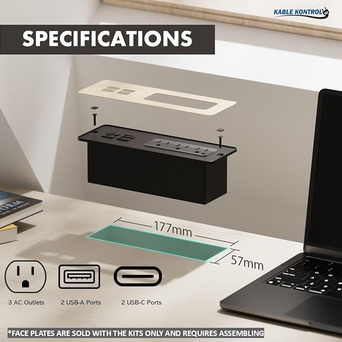 Kable Kontrol Recessed Power Strip Kit with Fast Charging 2 PD65W USB-C Ports, 2 USB-A Ports, 3 Power Desk Outlets, Replaceable Silver Finish Panel Plate Flush Mount Charging Station Grommet - 20 Pcs