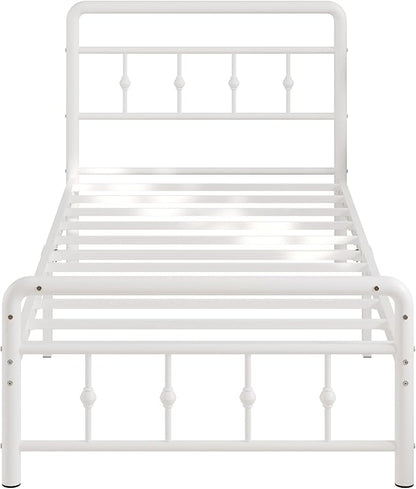12 Inch Twin Bed Frames with Headboard and Footboard, Heavy Duty Twin Metal Mattress Foundation No Box Spring Needed, Noise Free, Easy Assembly, White