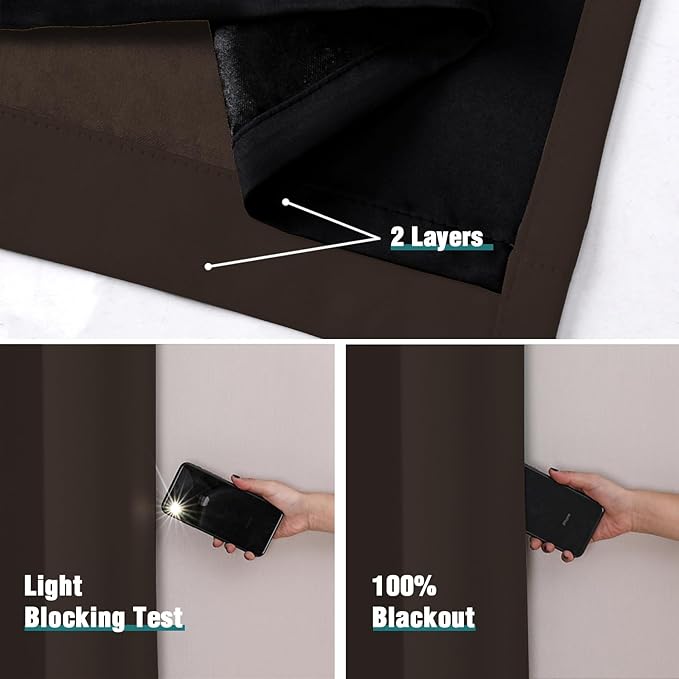 ChrisDowa 100% Blackout Curtains for Bedroom with Black Liner, 2 Thick Layers Total Blackout Thermal Insulated Grommet Small Window Curtains 2 Panels Set (Brown, 42 x 45 Inch)
