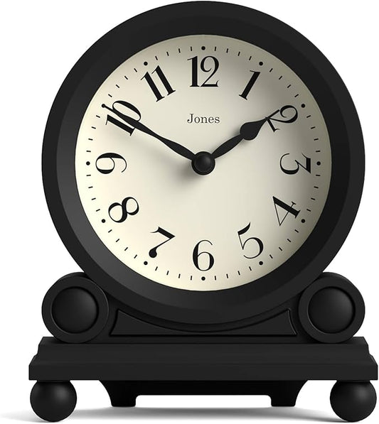 JONES CLOCKS® Maida Vale Mantel Clock | Small Traditional Desk Clock | Black | Pretty & Charming Ideal for Mantelpiece, Bookshelf or Bedside