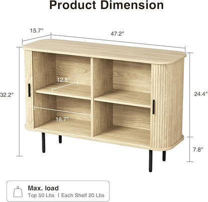 47''W x 32''H Buffet Sideboard Cabinet with Storage,Natural Fluted Storage Accent Cabinet with Curvy Edge; Sliding Door, Credenza, Console Table for Living, Dining Room, Kitchen, Hallway