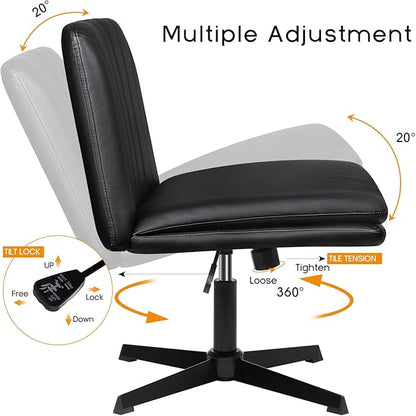 PUKAMI Criss Cross Legged Office Chair,Armless Office Desk Chair No Wheels,PU Leather Modern Swivel Vanity,Height Adjustable Wide Seat Mid Back Computer Task Chair for Home Office