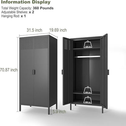 COFaR Metal Wardrobe Cabinet with Hanging Rod, 71 inches Tall Bedroom Armoire Wardrobe Closet for Home, Office, Garage, Laundry Room Black