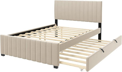 Full Bed Frame with Trundle Bed,Velvet Upholstered Platform Bed Frame,Full Size Trundle Bed with Headboard for Kids Teens Adults(Beige)