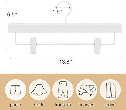 TOPIA HANGER Lotus Wood Pants Hangers, Skirt Short Bridal Trousers Slacks Hangers with 2 Premium Adjustable White Metal Clips with Rubber Stopper Padded 360° Swivel White Hook 20 Pack, CT55W20