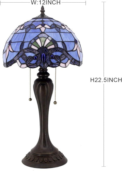 WERFACTORY Tiffany Lamp Stained Glass Table Bedside Lamp 12X12X22 Inches Blue Purple Baroque Style Lavender Reading Desk Light Decor Bedroom Living Room Home Office S003C Series