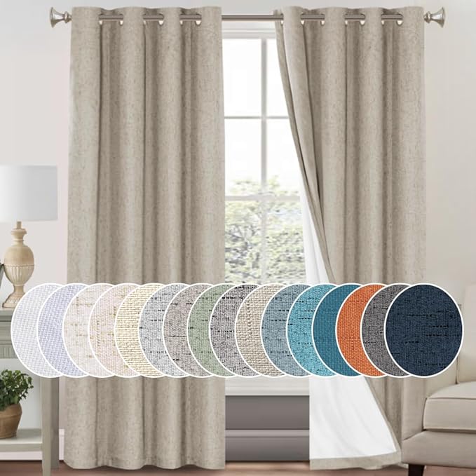 PrinceDeco Linen Blackout Curtains for Bedroom/Living Room 100% Black Out Curtains 96 Inch Long 2 Panels Set Linen Look Room Darkening Thermal curtains with White Liner Backing for Nursery Decor,Stone