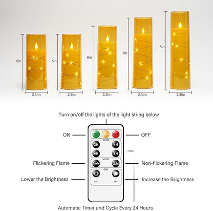 Flameless LED Candles with Timer 5 Pc Flickering Flameless Candles for Romantic Ambiance and Home Decoration Stable Acrylic Shell,with Embedded Star String，Battery Operated Candles（Gold）
