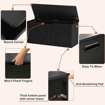 Timberer 39.4" Storage Chest, Wooden Storage Bench, Large Storage Trunk with 2 Safety Hinges, Entryway Shoes Bench for Living Room, Bedroom, Black