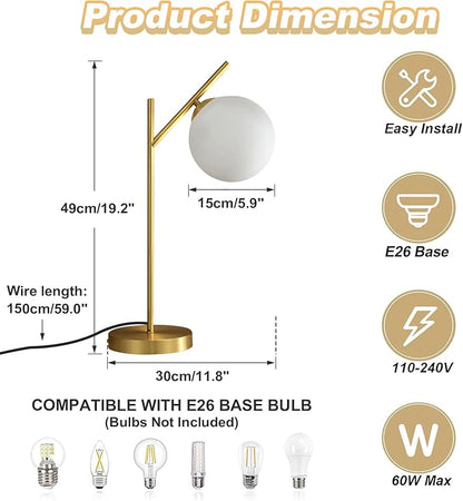 Mid Century Modern Table Lamp, 1 Light Brass Glass Globe Bedside Lamp, Contemporary Metal Table Lamp with Milky White Glass shadefor Bedroom Living Room Study Room