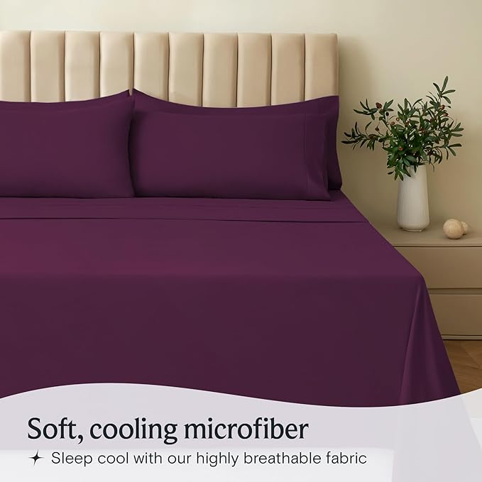 LuxClub 4 PC Full Sheet Set, Deep Pockets Wrinkle Free Cooling Bed Sheets Hotel Bedding for Women, Men, Kids & Teens, Includes 1 Fitted Sheet, 1 Flat Sheet and 2 Pillowcases-Soft Eggplant