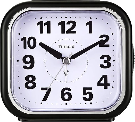 4.5" Compact Analog Alarm Clock, Silent Readable for Seniors, Easy to Set, Gradual Rise Alarm, Big Numbers, On/Off Switch on Side, Gentle Wake, Snooze, Lighted on Demand, Battery Operated, Black