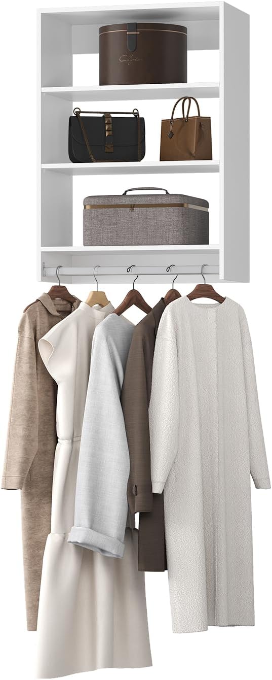 Medium Double Hanging Closet Unit, Modular Closet System, Wood Closet System Organizer with Storage for Walk In Closets, Clothing Rack Closet for Hanging Clothes, Bedroom, White, 22.5"W