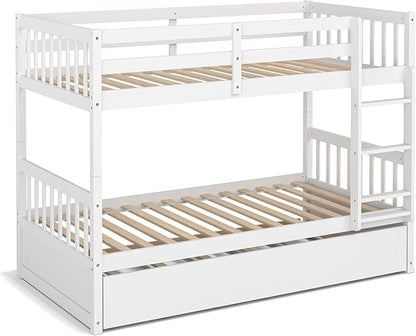KOMFOTT Wood Twin Over Twin Bunk Bed with Trundle, Solid Pine Wood Bunk Bed Frame with Ladder & Safety Guardrails, Space-Saving Convertible Twin Bed Frame for Home & Dormitory, No Box Spring Needed