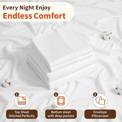 LBRO2M 100% Cotton Sheets Set Deep Pocket 24", 1000 Thread Count Queen Size 4 Piece Bed Sheet Sets Soft Comfortable Bedding All Season (Queen, White)