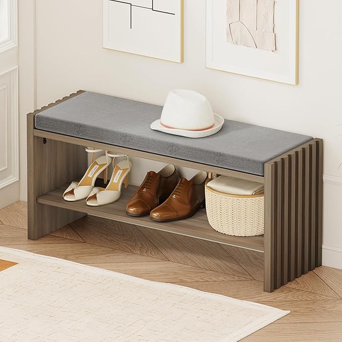 BON AUGURE Shoe Storage Bench Bedroom, Entryway Bench with Cushion, Ottoman Benches for Living Room Hallway Entry (Greige Oak, 40 Inch Wide)