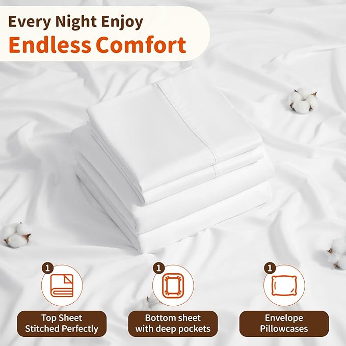 LBRO2M 1000 Thread Count 100% Egyptian Cotton Sheets Set Twin XL, 3 Piece Sets Bed Sheet Deep Pocket Sheet Set 16" Soft Comfortable All Season (Twin XL, White)