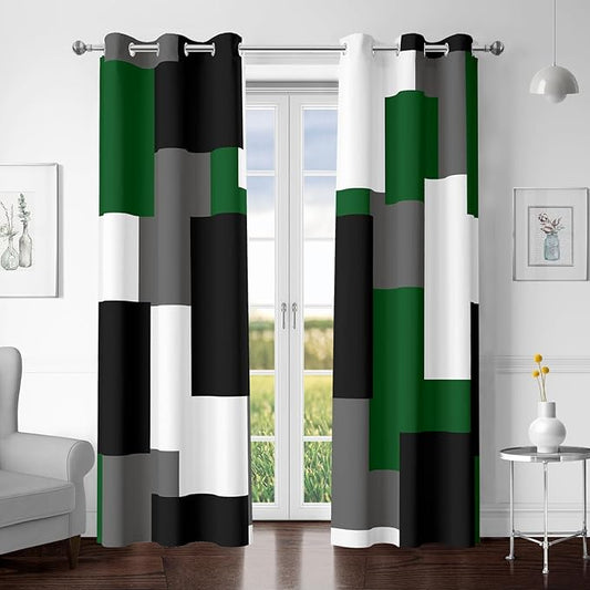 Green 100% Blackout Curtains for Bedroom 72 inch Length 2 Panels Set White Grey Modern Abstract Geometric Black Out Curtains Insulated Room Darkening Window Drapes for Living Room, 42Wx72L