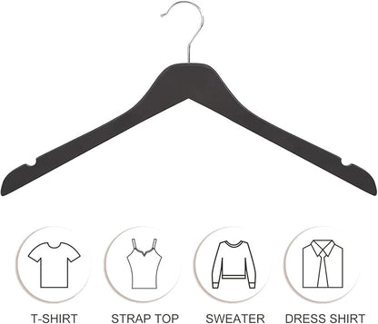TOPIA HANGER Black Wooden Hangers, 0.28-inch Slim Wood Clothes Hanger with Flat Design and Smooth Notches, Lightweight Space Saving Hangers for Shirt, Coat, Camisole, 10 Pack-Matte Black, CT29B