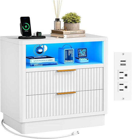ELYKEN White LED Nightstand with Charging Station, Fluted 24" Wide Bedside Table with 2 Drawers Wood End Table with USB & Type-C Port for Bedroom