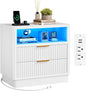 ELYKEN White LED Nightstand with Charging Station, Fluted 24" Wide Bedside Table with 2 Drawers Wood End Table with USB & Type-C Port for Bedroom