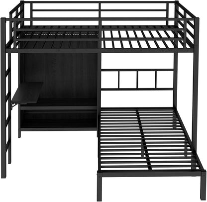 Full XL Over Twin Metal Bunk Bed with Folding Desk, Closet LED,Space-Saving/Noise Reduced, Black Modern Style Multi-Functional Storage Needs Space-Saving Noise Reduced