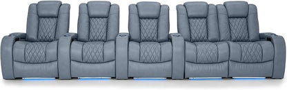 Seatcraft Diamante Zero-Gravity CoolZero Italian Leather Home Theater Seating, Power Headrest, Power Recline, Row of 5 Right Loveseat, Smokey Blue