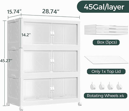 540QT Extra Large Stackable Storage Bins with Lid, 135Gal Collapsible Storage Box with Wheels and Doors, Plastic Closet Organizers and Storage Cabinet for Home Kitchen Office Dorm, 3Pack White