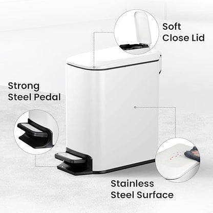 Cesun Small Bathroom Trash Can with Lid Soft Close, Step Pedal, 6 Liter / 1.6 Gallon Stainless Steel Slim Garbage Can for Bedroom, Diaper Waste Basket with Removable Inner Bucket (White)
