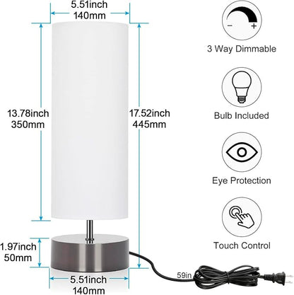 Touch Table Lamp, 3-Way Dimmable Modern Minimalist Accent Bedside Lamp with Cylinder Fabric Shade, Night Light Nightstand Desk Lamp for Bedroom Living Room Kitchen, 9W LED Bulb Included