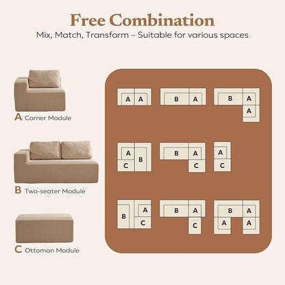106" Modular Sectional Couch Left/Right Facing Convertible, L-Shape Modern Teddy Sofa, Deep Seat Upholstered Foam Couch for Living Room Bedroom, No Assembly Required (Camel, Teddy Boucle)