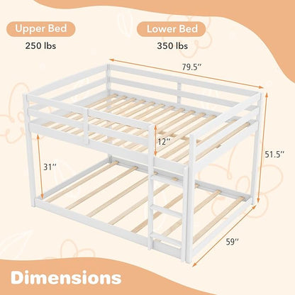KOMFOTT Low Bunk Bed Full Over Full, Solid Wood Full Bed Frame with Built-in Ladder & Safety Guardrails, Teens, No Box Spring Needed, Space-Saving Low Bunk Bed for Kids