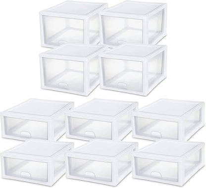 Sterilite 27 Qt (4 Pack) and 16 Qt (6 Pack) Clear Plastic Stackable Organizer Drawers, White